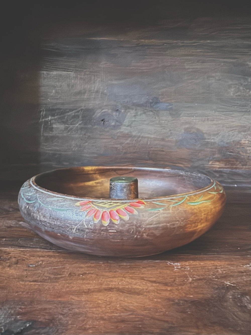 Vintage Carved Wood Key Bowl Hand Painted Folk Art Catchall Dish